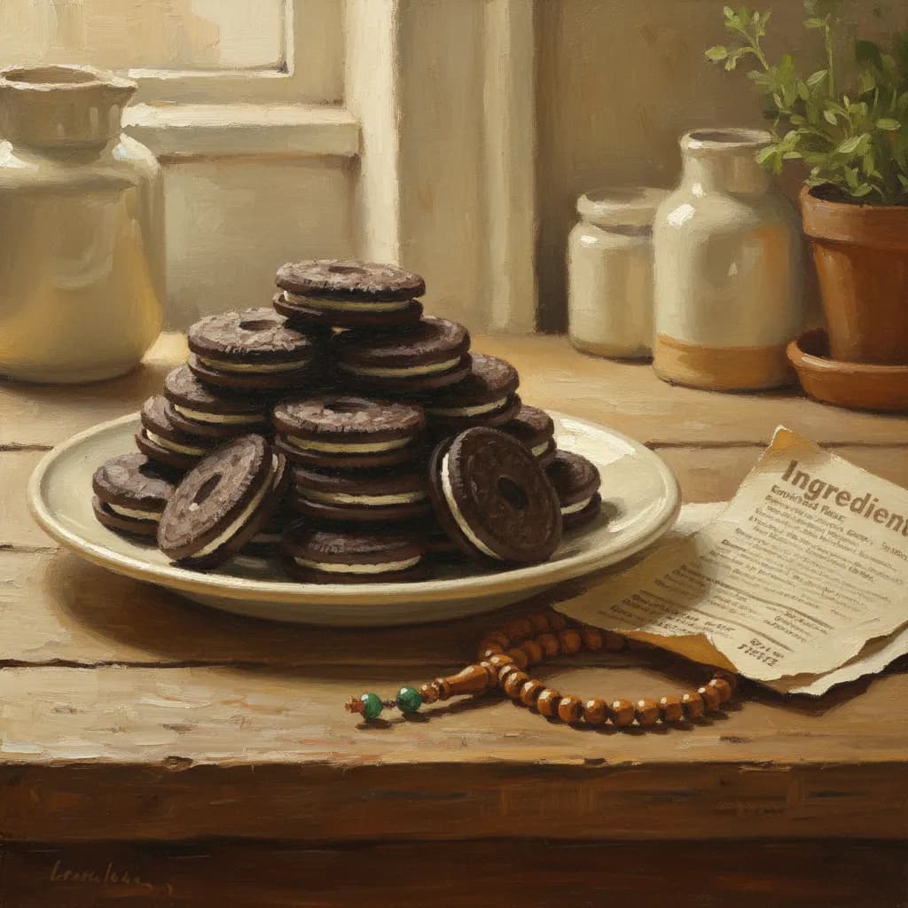 A pack of Oreo cookies on a kitchen counter beside an open Quran, warm natural light, cream and green tones