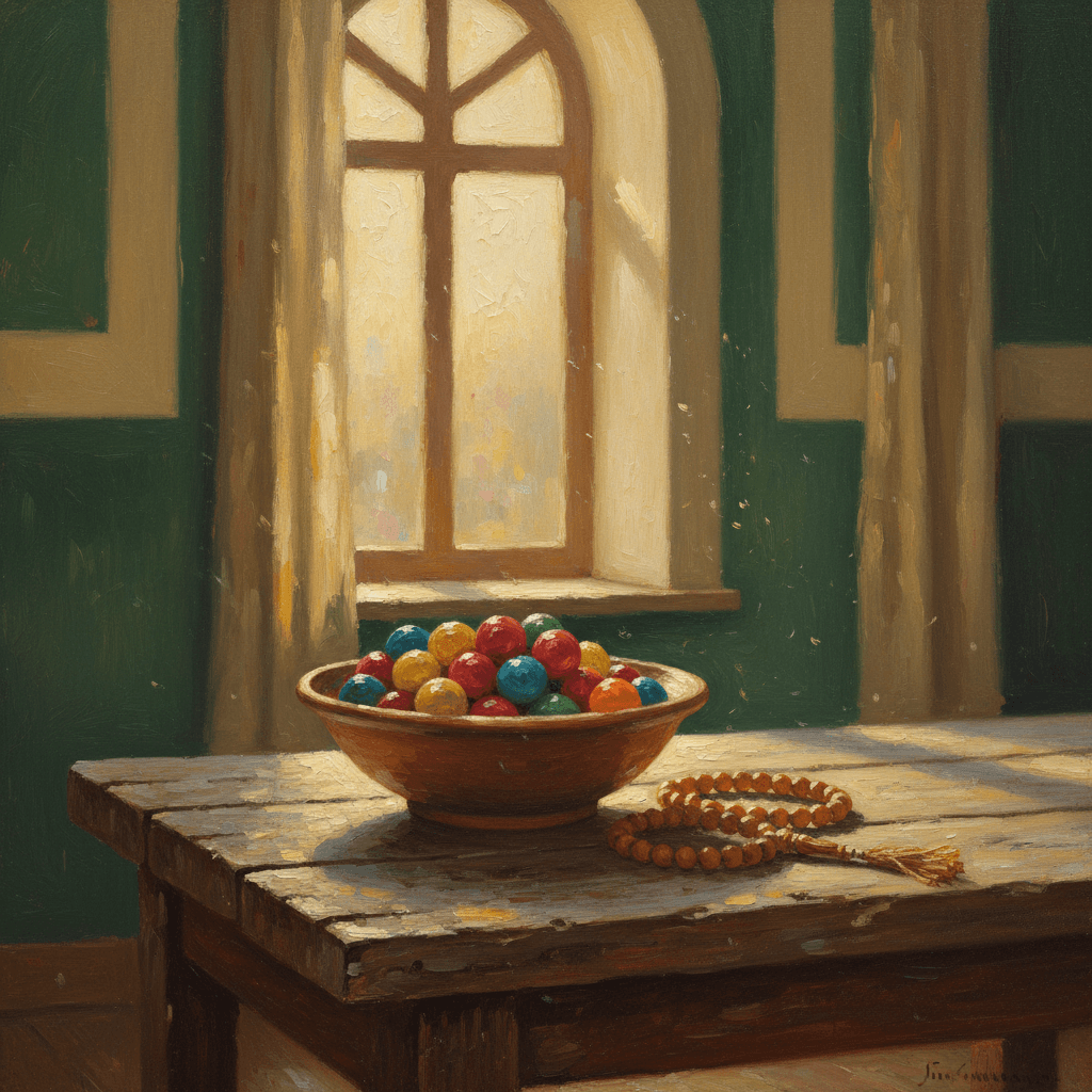 Colorful candy on a clean surface with warm natural lighting in cream and green tones