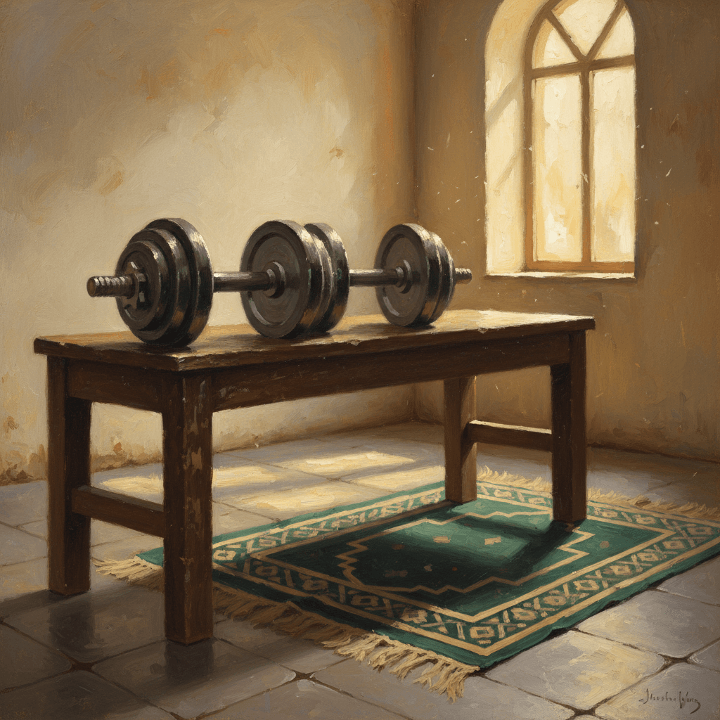 A gym setting with weights and a prayer mat nearby symbolizing the balance between fitness and faith