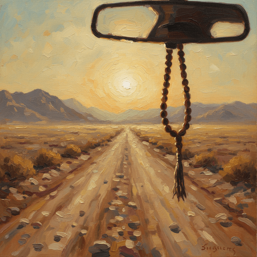 A car dashboard view of an open road at golden hour, warm amber light through the windshield, calm and expansive sky ahead, cream and green tones