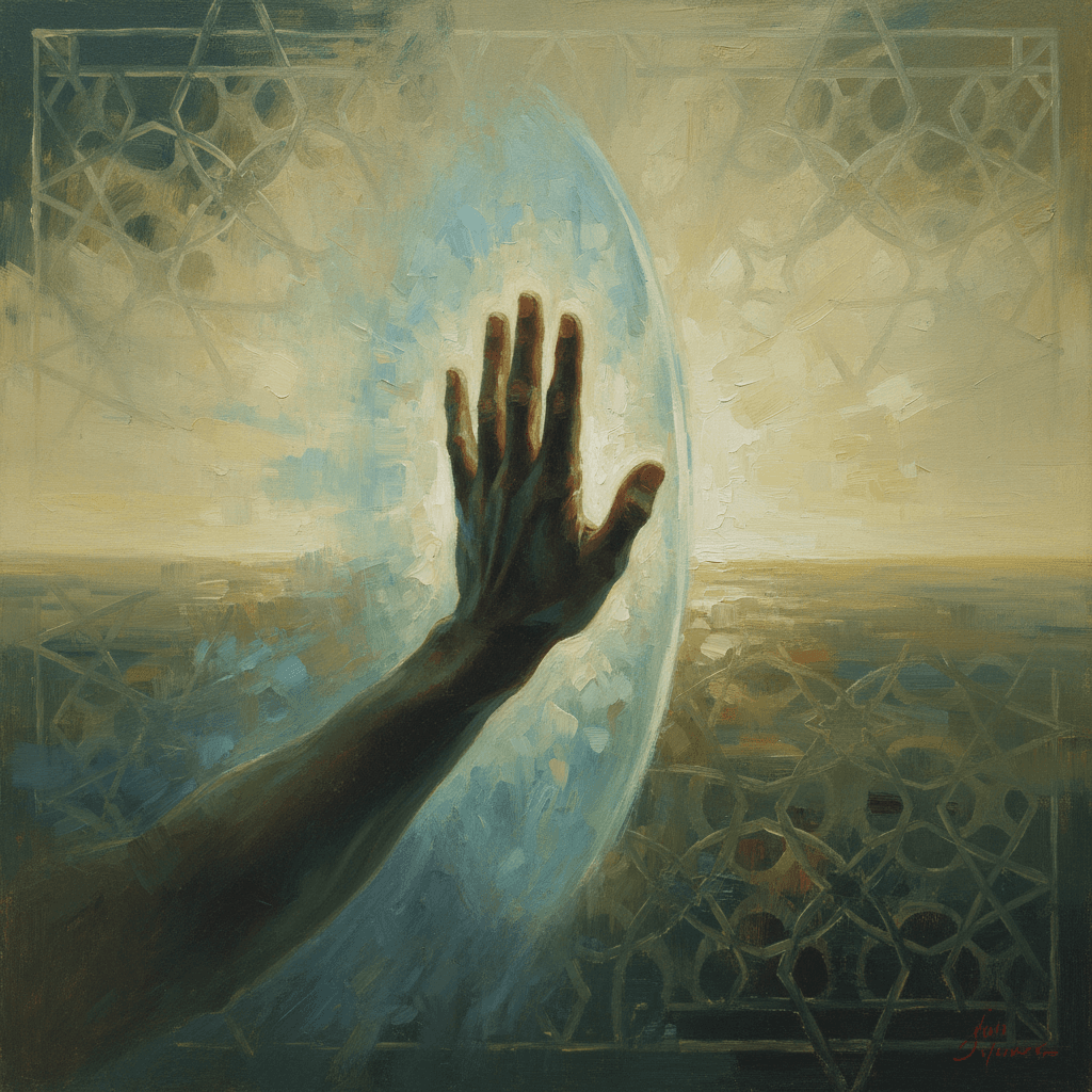 A person with hands raised in supplication at dawn, soft golden light streaming through, warm cream and green tones