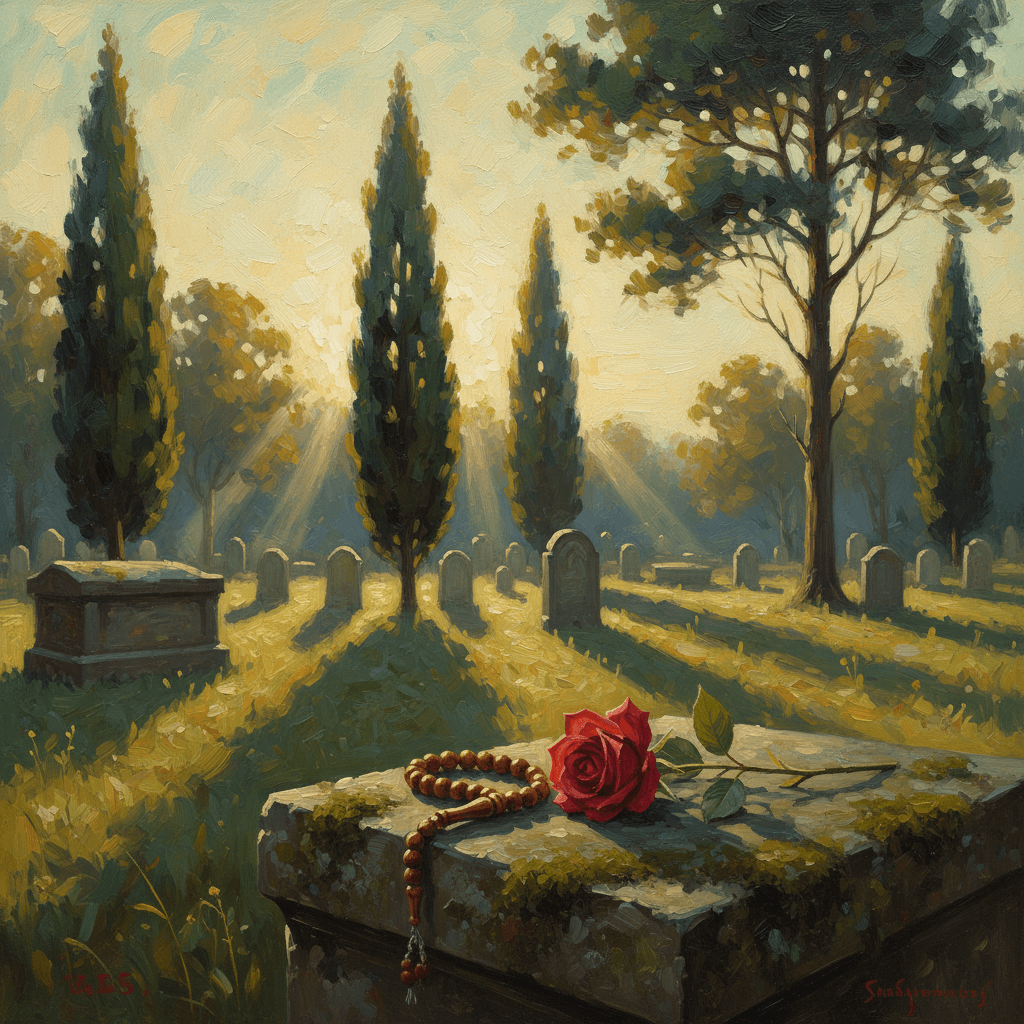 A quiet graveyard at dawn with soft green light through trees, stone markers in a peaceful Islamic cemetery
