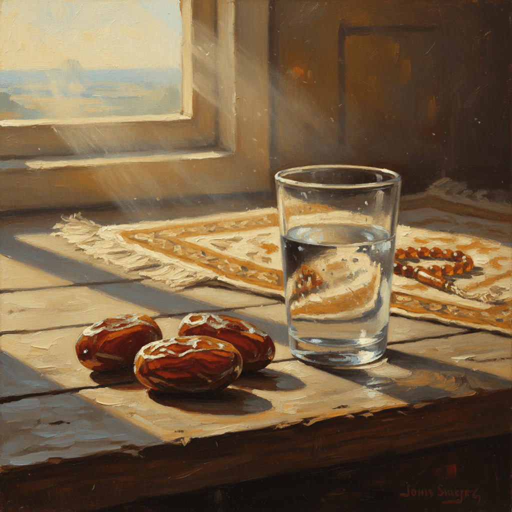 Dates and a glass of water on a wooden table in warm golden light at sunset, peaceful and grateful atmosphere in cream and gold tones