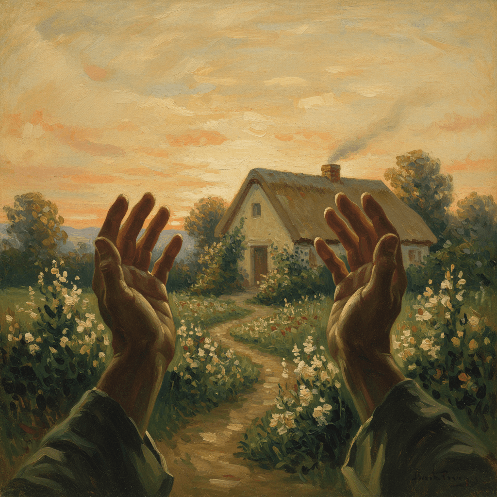 A figure sitting beside an elderly person in soft warm light, gentle and caring atmosphere in cream and green tones