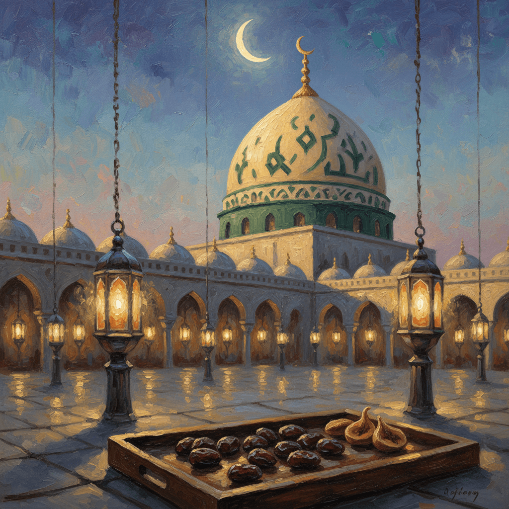 The Kaaba seen through archways of Masjid al-Haram, warm gold light at dawn, worshippers in white circling below, oil painting style