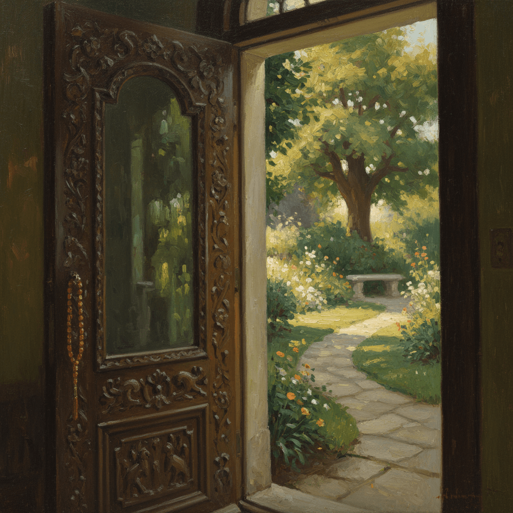 An open wooden door leading out to a sunlit path with greenery, warm golden morning light, prayer beads hanging by the doorframe, cream and green tones