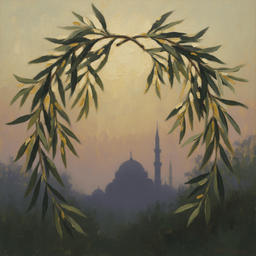 A path through a peaceful garden toward a mosque at dawn, soft morning mist, warm cream and deep green palette