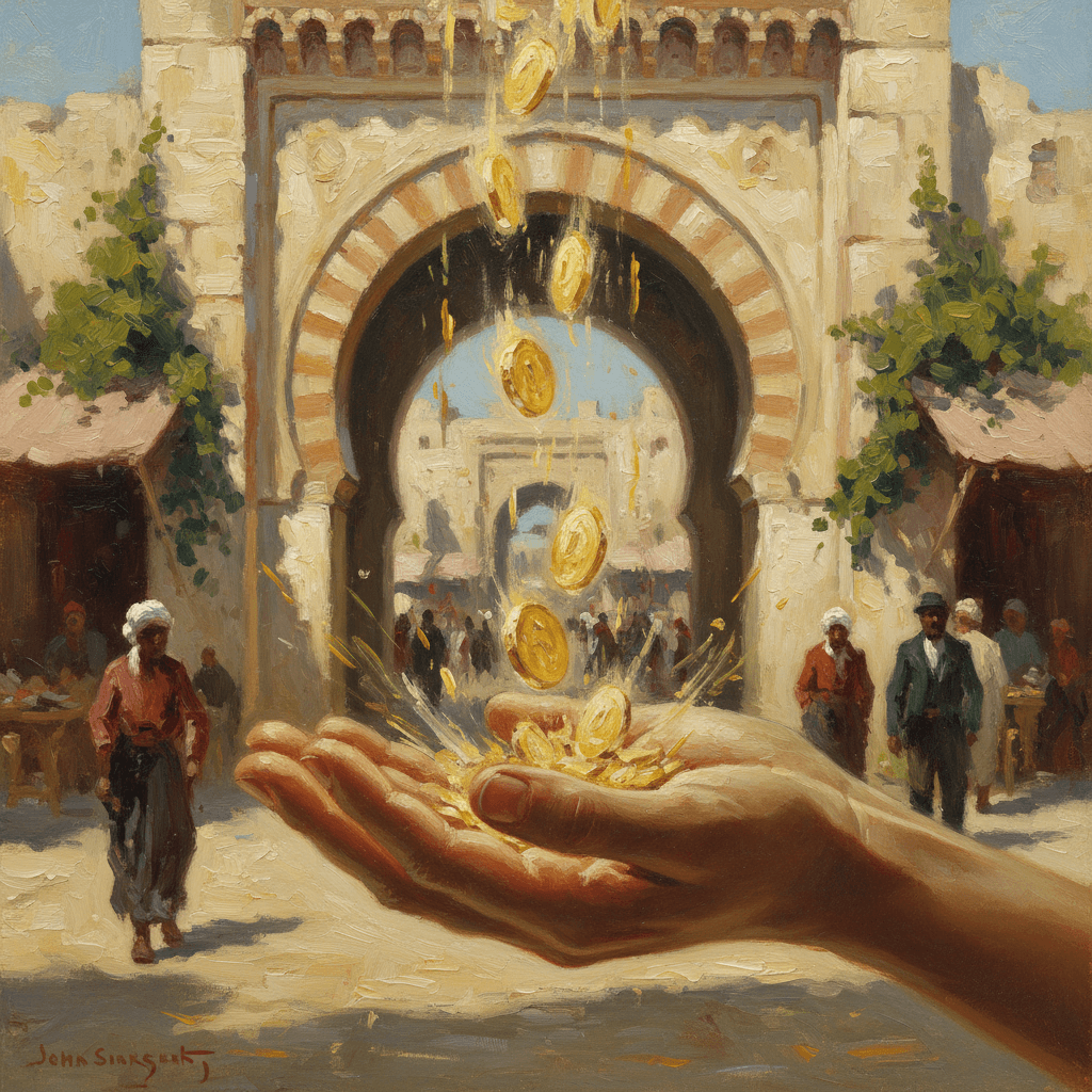 Hands raised in dua at sunrise over a calm landscape, warm golden and green tones, cream background suggesting peace and trust