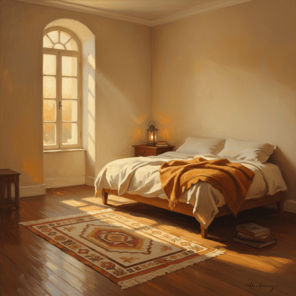A peaceful bedroom scene with dawn light streaming through a window onto a prayer mat, warm cream and golden tones