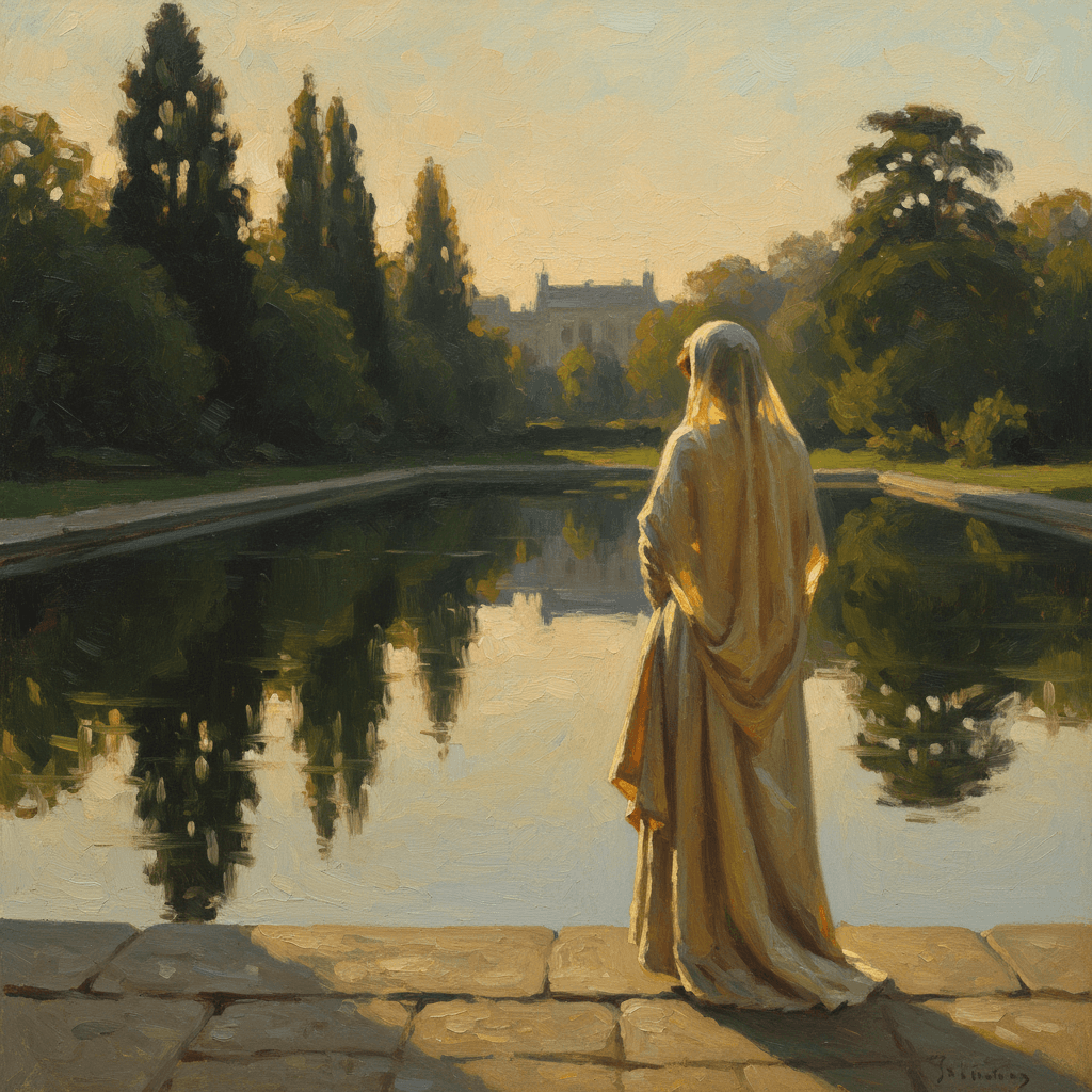 A woman seen from behind, standing before a calm reflecting pool at dawn, warm golden light, deep green foliage