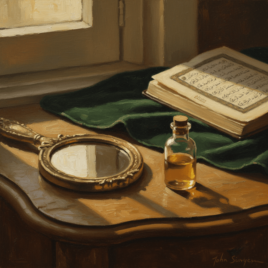 A hand mirror reflecting soft morning light beside a small glass vial on a wooden vanity, cream and green tones, warm shadows