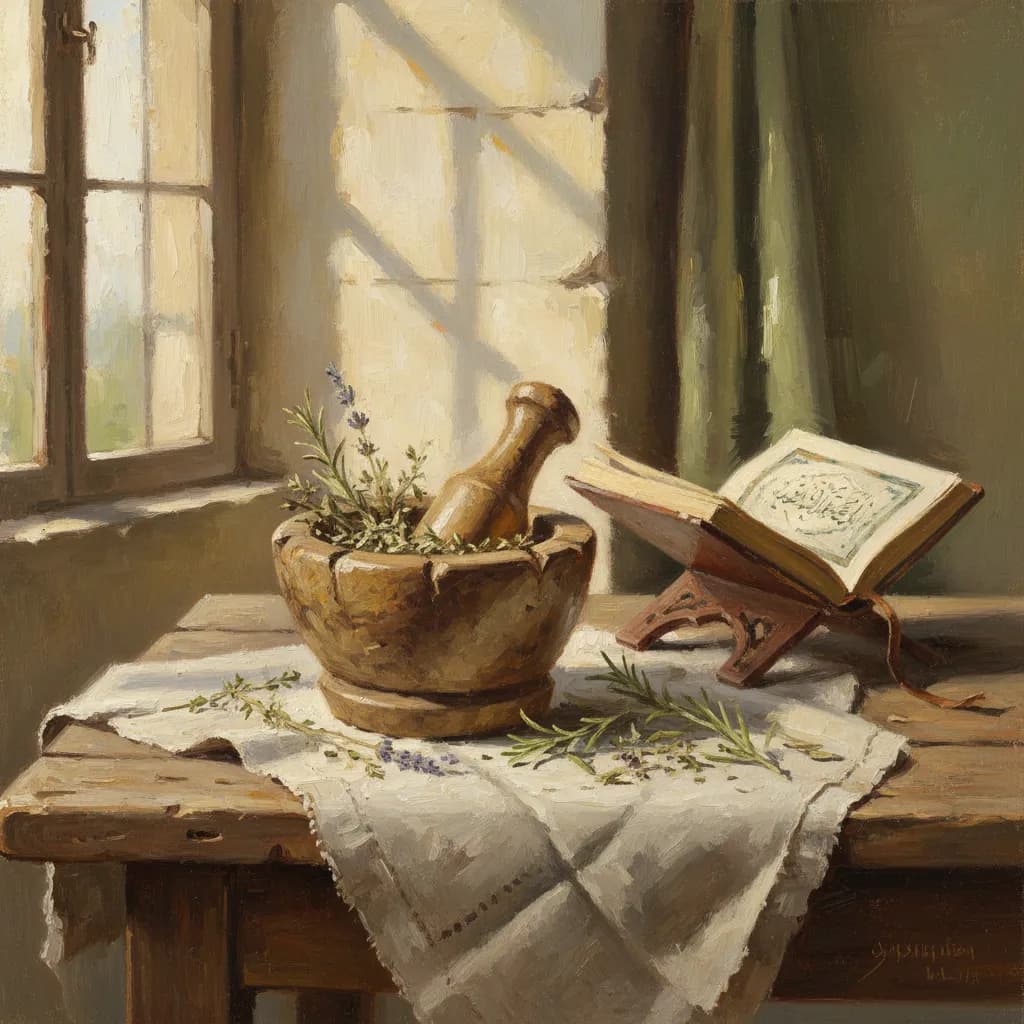 A glass bottle of oil resting on a wooden table beside prayer beads and green leaves, soft natural light, warm cream and green tones