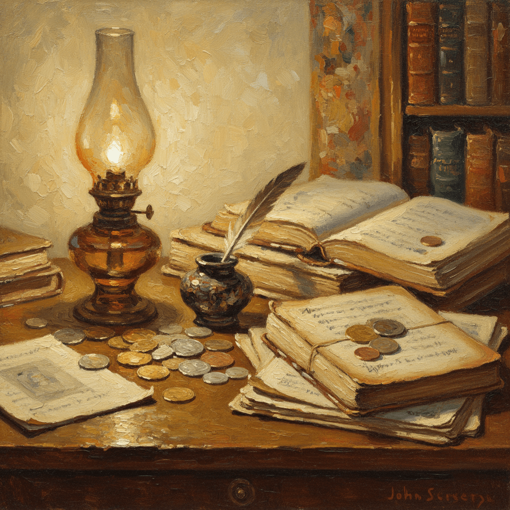 A pair of scales balanced on a wooden desk beside an open book and prayer beads in warm lamplight