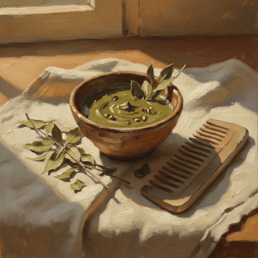 Glass jars of natural plant-based hair dye powders in earthy tones on a wooden surface, warm morning light