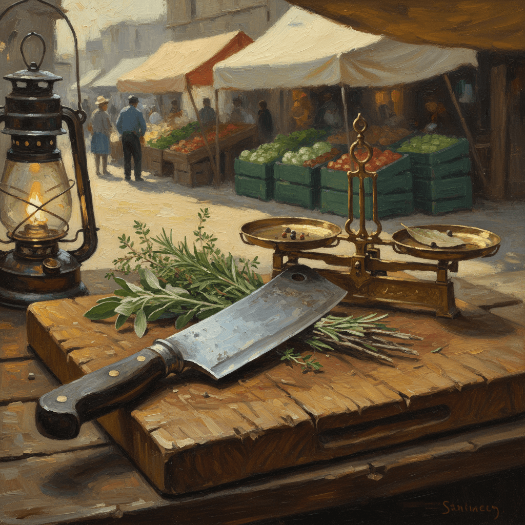 A wooden table with fresh herbs and vegetables in warm earthy tones, natural light