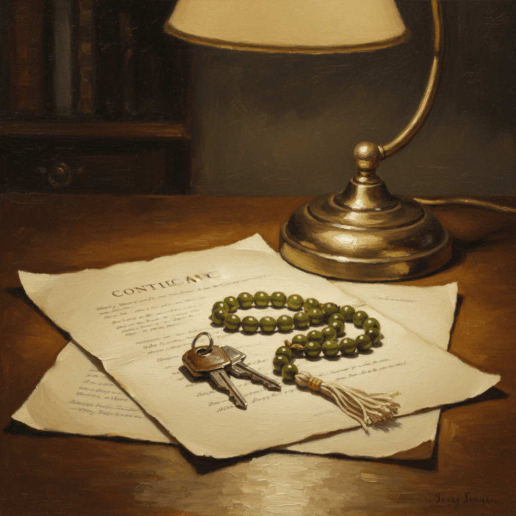 A car key resting on an open Quran beside Islamic finance documents, warm cream and green tones, soft morning light