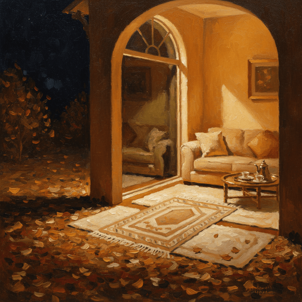 A Muslim home with warm interior light glowing through a window on a dark autumn night, autumn leaves falling, cosy and peaceful contrast to darkness outside