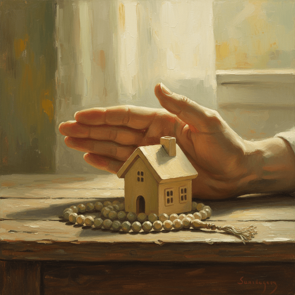 A warm sunrise through a window over an open Quran and prayer beads on a table