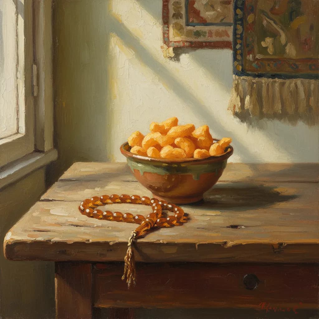 Fresh fruits and honey arranged on a wooden table beside a small Quran, warm natural light, cream and green palette