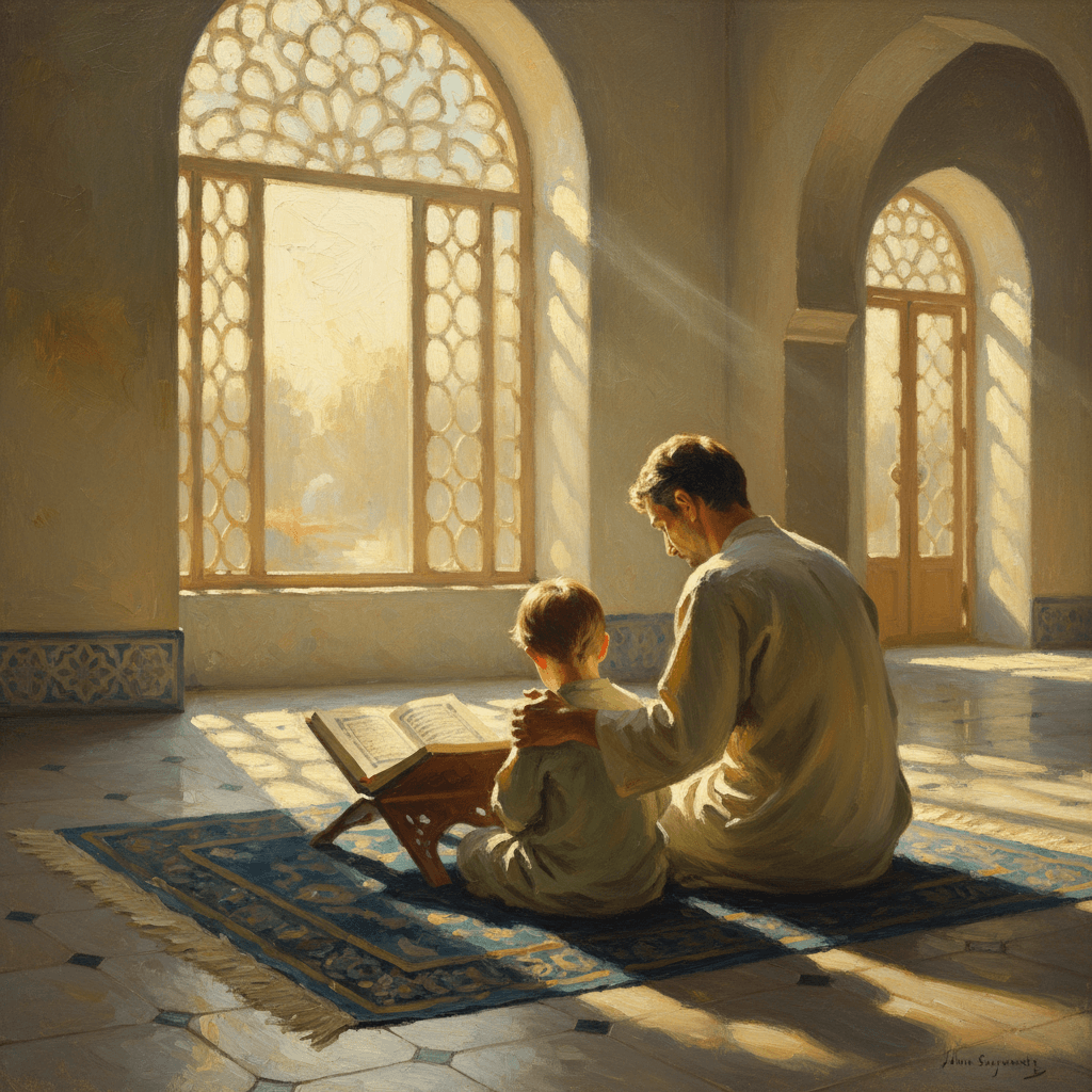 A parent and young child sitting together on a prayer mat, open Quran between them, warm morning light, seen from behind