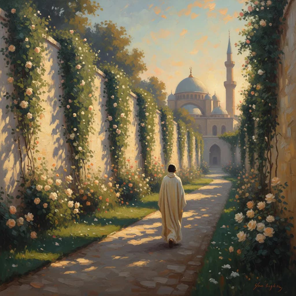 A young man sitting alone in contemplation near a mosque window at golden hour, warm tones