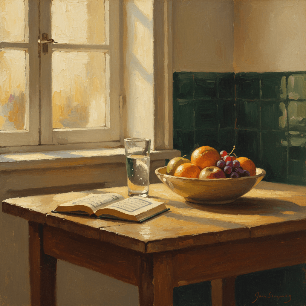 A wooden table with an open Quran, prayer beads, and warm afternoon light streaming through a lattice window, cream and gold tones