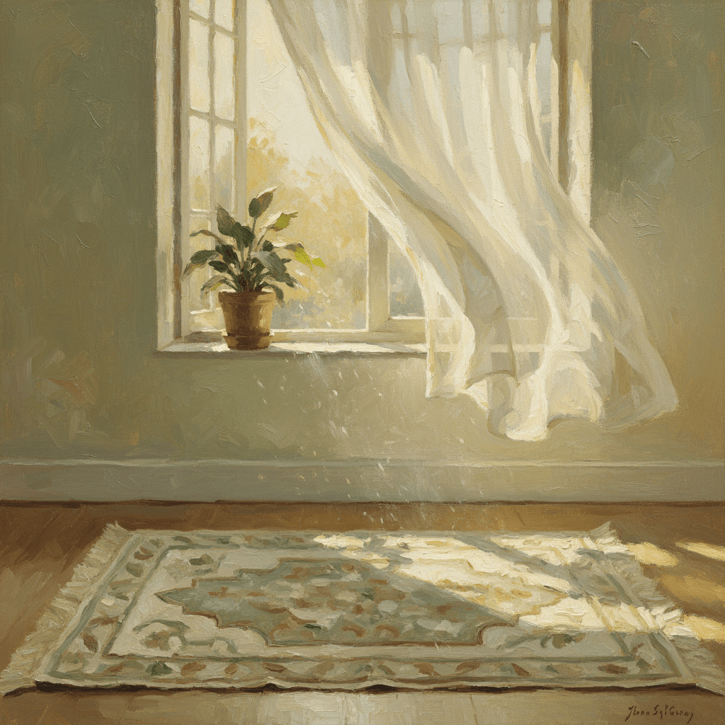 Prayer beads resting beside a small lantern on a wooden shelf, soft evening light, warm cream and amber tones