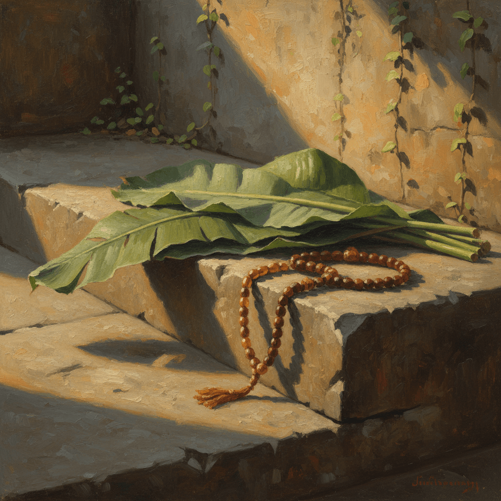 A serene morning scene with prayer beads and a cup of tea on a wooden table, warm cream and green tones suggesting a peaceful alternative to harmful habits