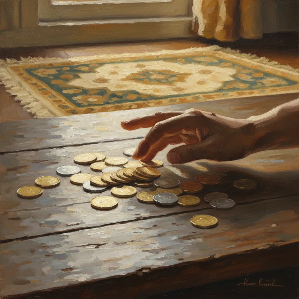 A lottery ticket being torn in half beside a jar of coins labeled sadaqah, warm cream tones with soft natural light