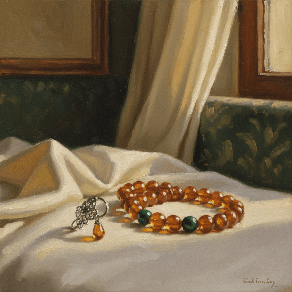 Prayer beads near a lamp with soft warm light and a distant mosque silhouette at dusk
