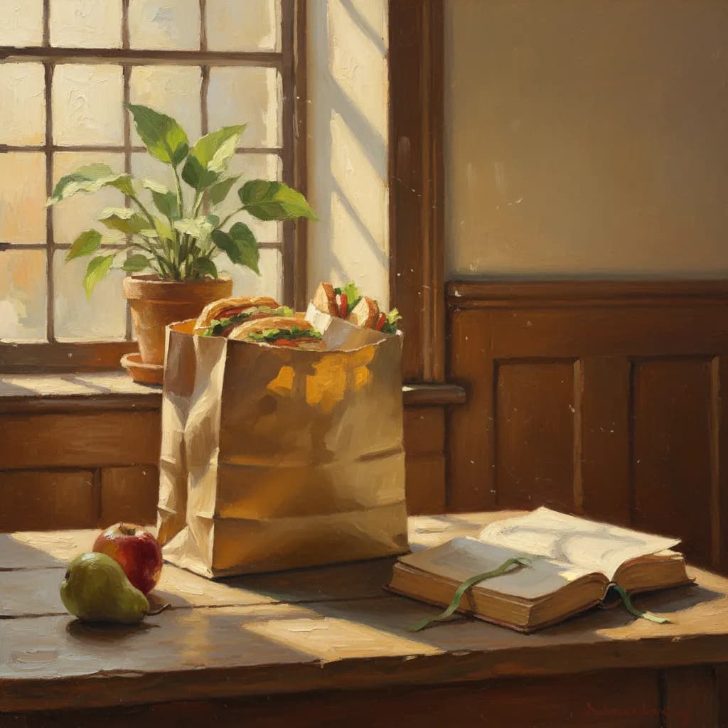 A warm, softly lit kitchen table with an open Quran beside a plate of wholesome food, cream and green tones