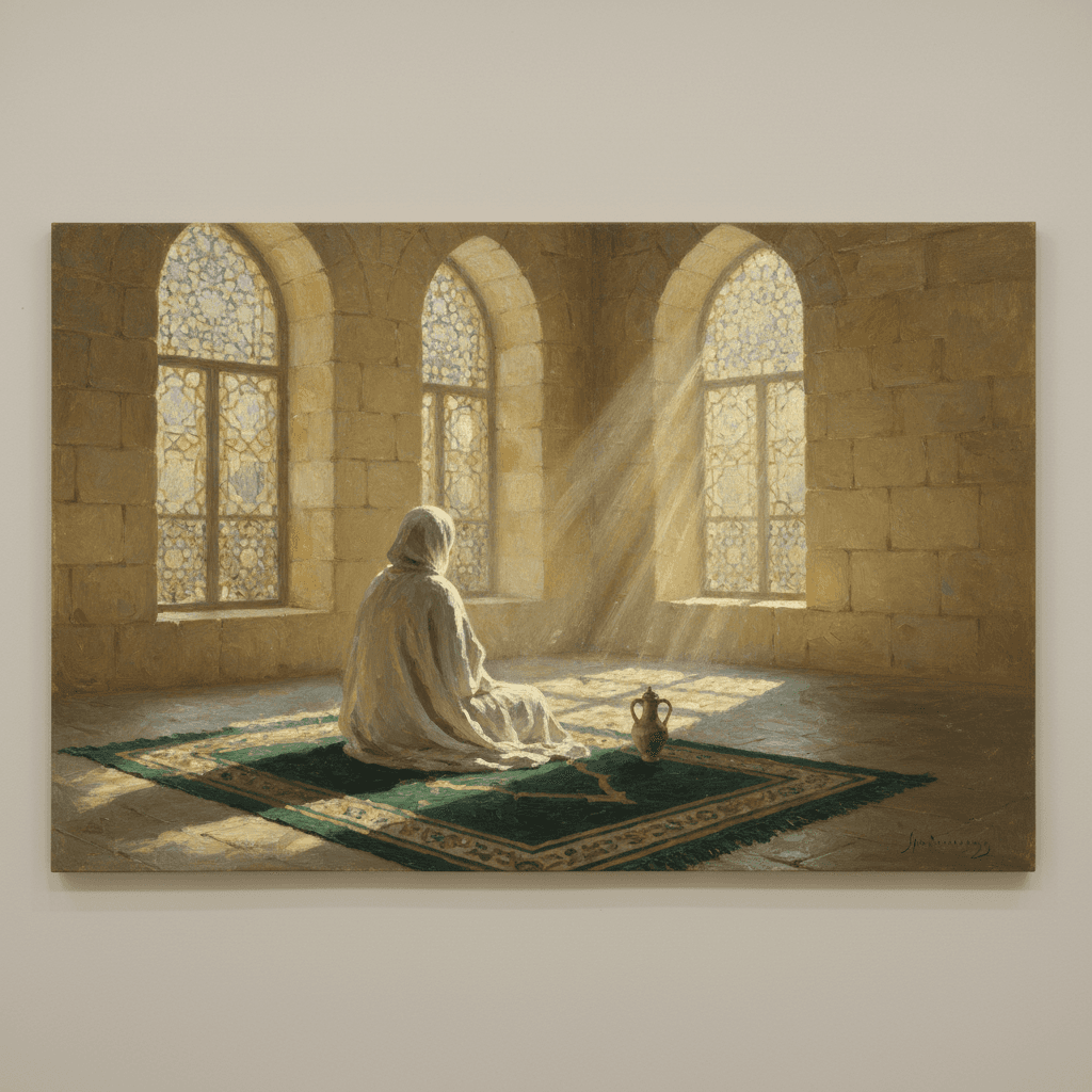 A peaceful prayer space with soft morning light, a prayer mat, and prayer beads on a wooden surface, warm cream and green tones