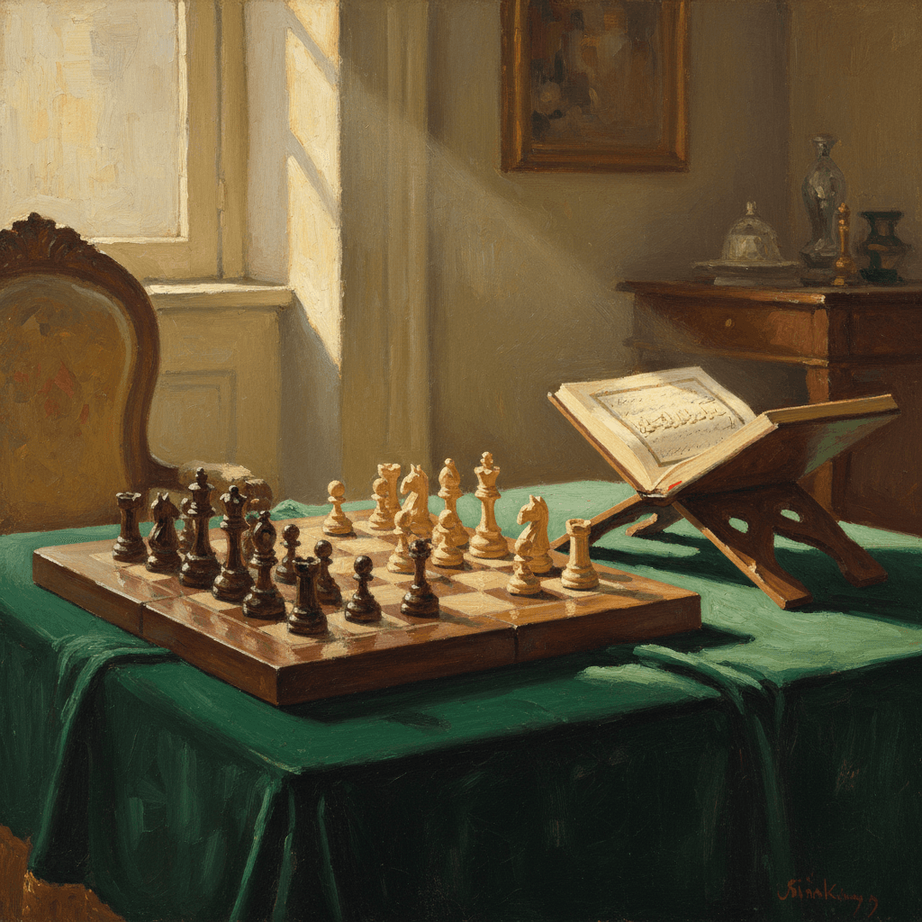 A wooden table with prayer beads and soft morning light, warm tones