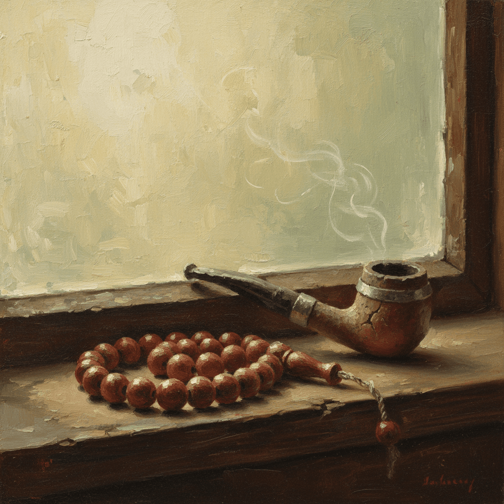 Prayer beads on a wooden surface beside a small lantern, warm amber light, cream and green tones