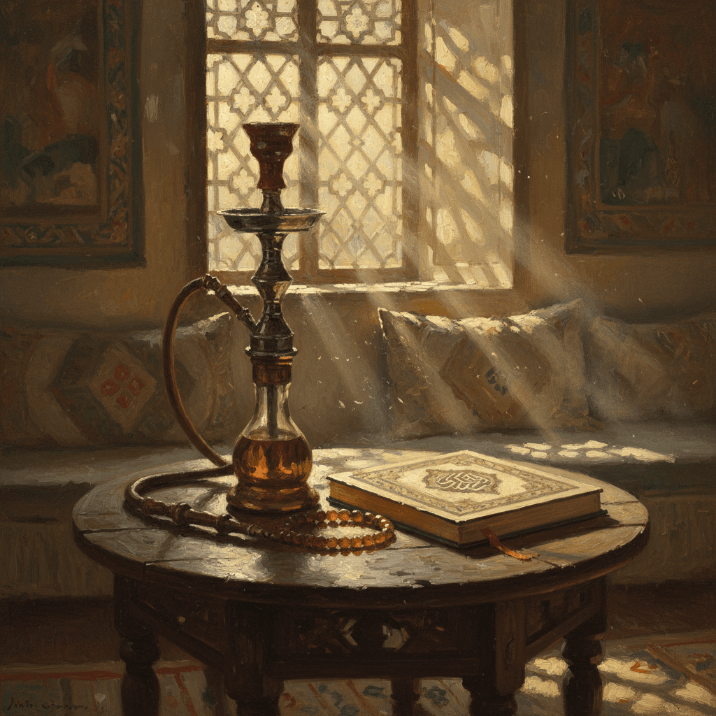 An ornate shisha pipe sitting unused beside prayer beads on a wooden table, a beam of dawn light illuminating the scene, warm cream tones