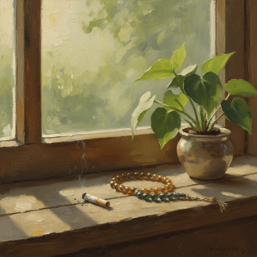 A crumpled cigarette pack on a windowsill with soft morning light and prayer beads nearby