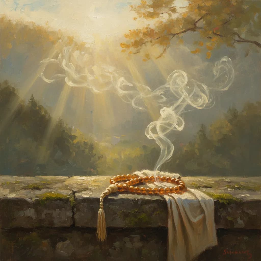 Dried tobacco leaves on a wooden table with warm natural light and prayer beads in the background