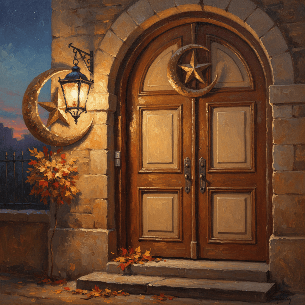 A warm Muslim home interior glowing through a window on a dark autumn evening, autumn leaves outside, peaceful and sheltered from the darkness