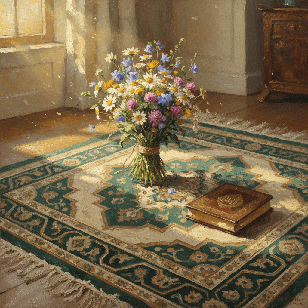 A simple bouquet of flowers on a prayer mat beside an open Quran, warm sunset light, cream and green tones