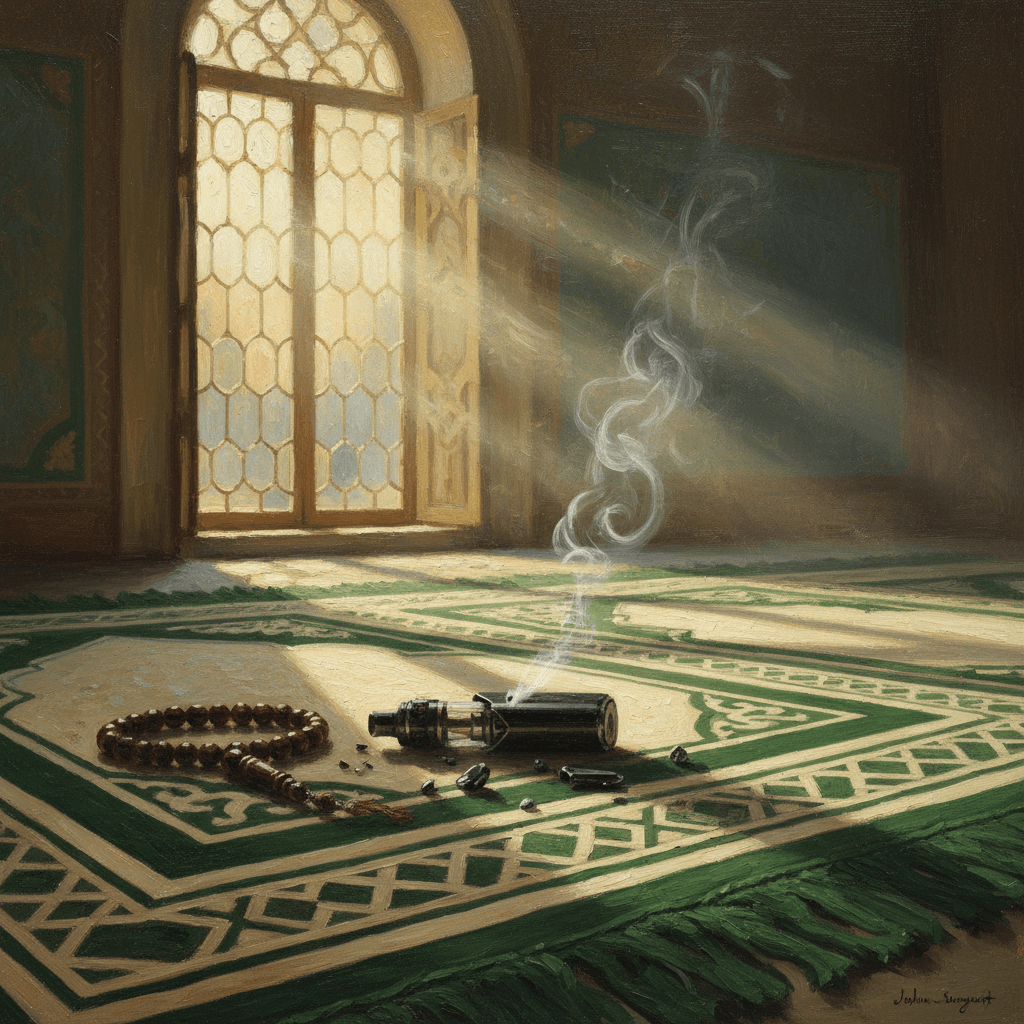 A broken vape pen resting on a prayer mat beside prayer beads in soft morning light