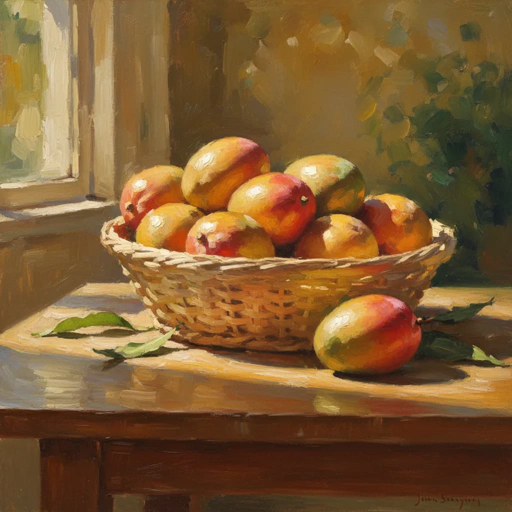 Fresh ripe mangoes on a wooden cutting board in warm natural light, cream and green tones