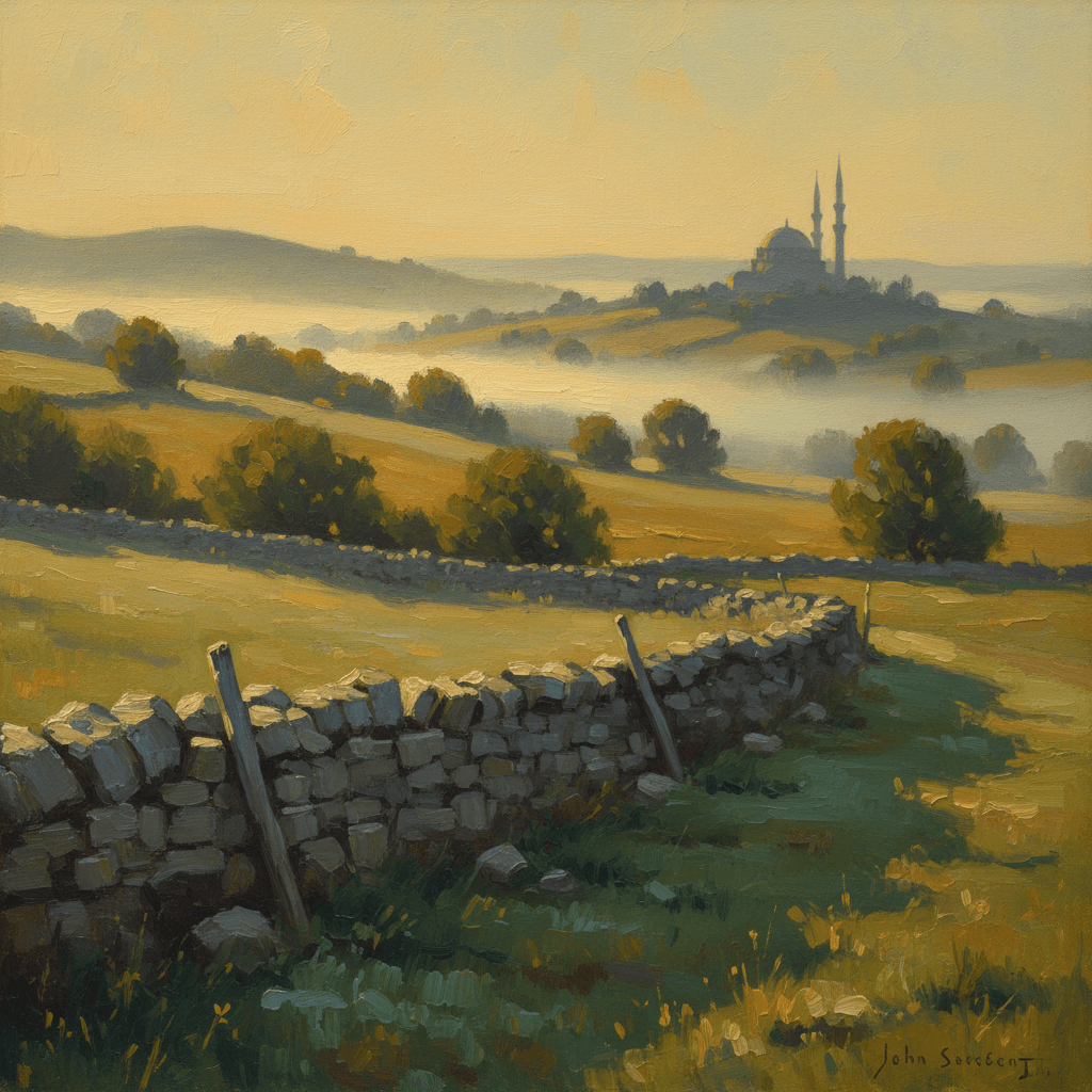 A rural landscape with a distant farm, stone wall, and open fields at dawn, warm golden light, cream and green tones, serene