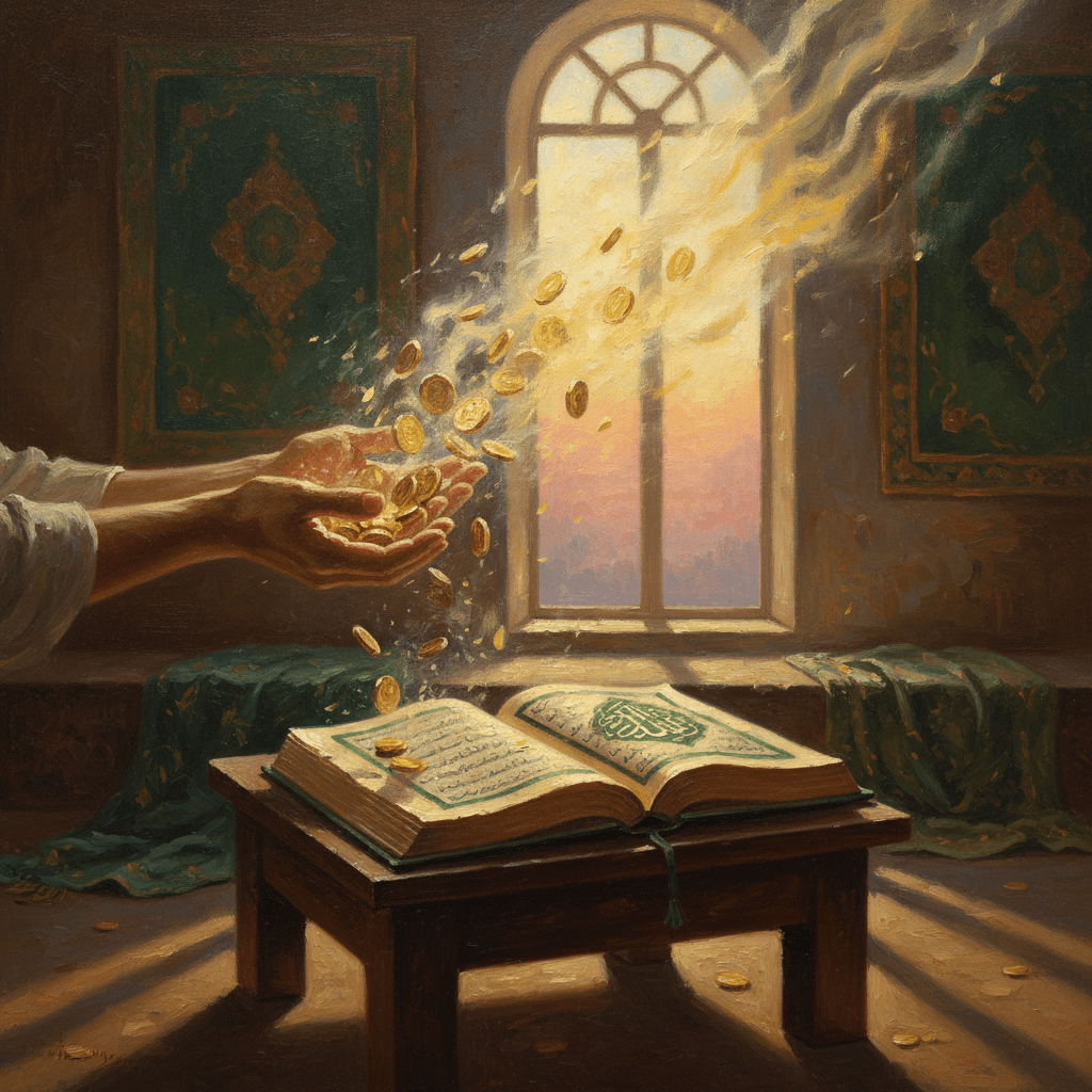 A pair of hands releasing golden coins that dissolve into light above an open Quran, warm dawn atmosphere, green and gold tones