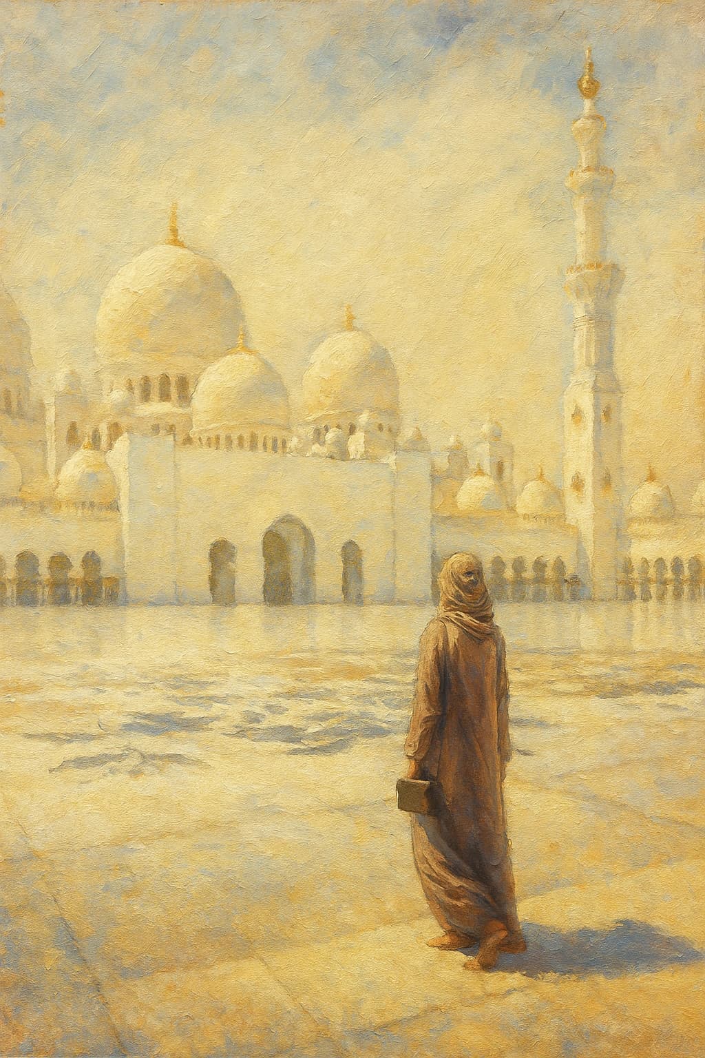 A Muslim walking toward a mosque at dawn