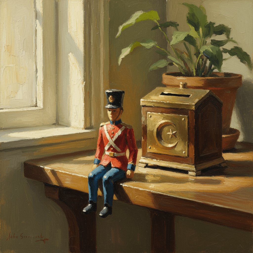 A small collectible toy figurine on a clean desk beside prayer beads, warm cream tones with soft natural light