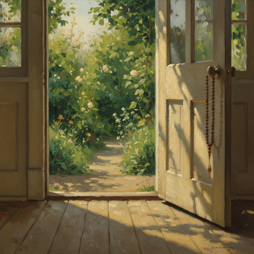 Sunlight streaming through an arched doorway into a warm interior with wooden floors and cream walls, evoking the blessing and peace of a new home and a fresh Islamic beginning