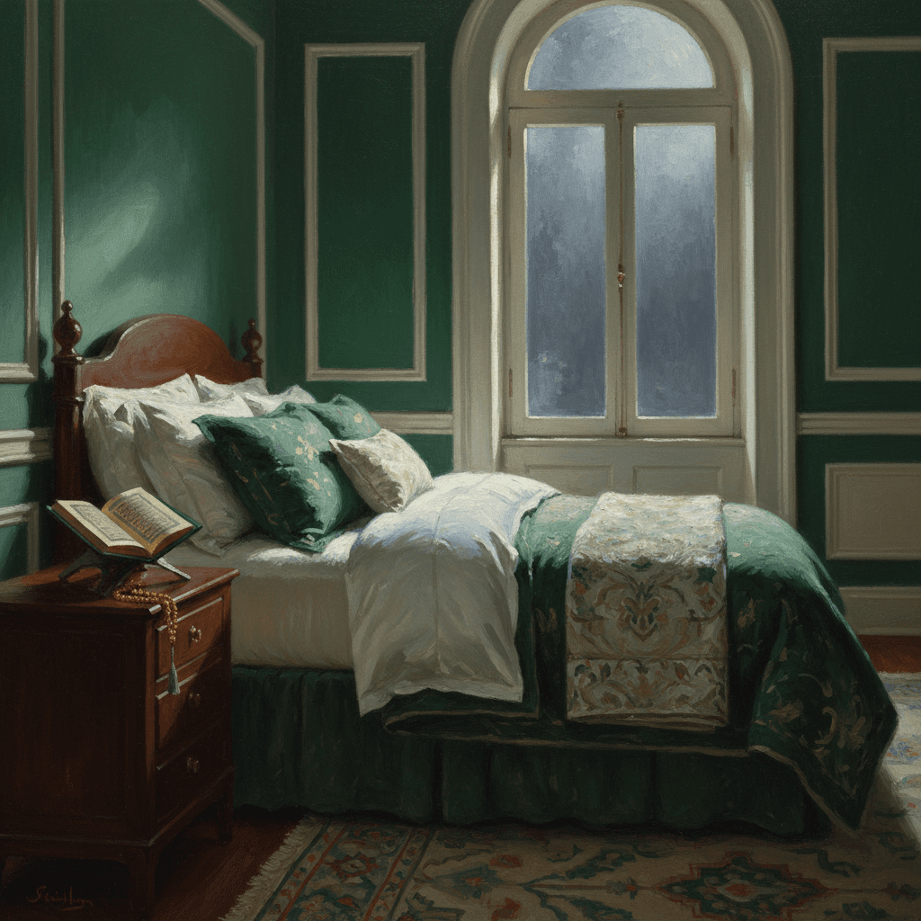 A person sitting by a window at dusk with a prayer book, warm orange and cream evening light, peaceful and reflective atmosphere