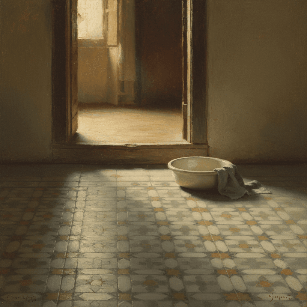 A clean water vessel and prayer beads resting near a window with soft morning light, cream and green tones, peaceful and pure atmosphere