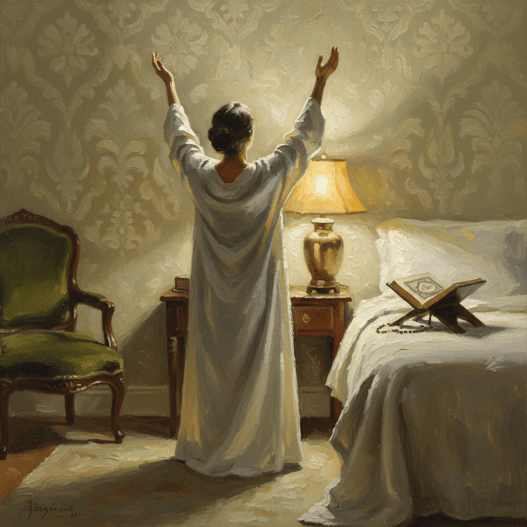 A person resting on a bed near an arched window, soft morning light, prayer beads beside them, a peaceful atmosphere of rest and reflection