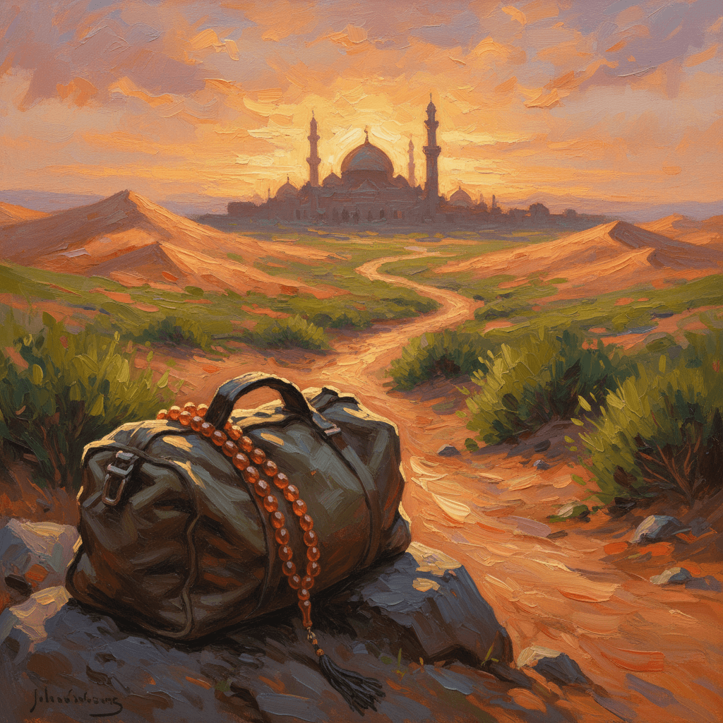 A traveler's silhouette seen from behind approaching a city at dawn, warm amber and green tones, mosque minarets in the distance